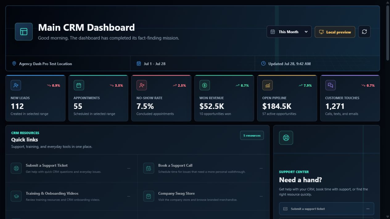 Agency Dash Pro client dashboard product preview